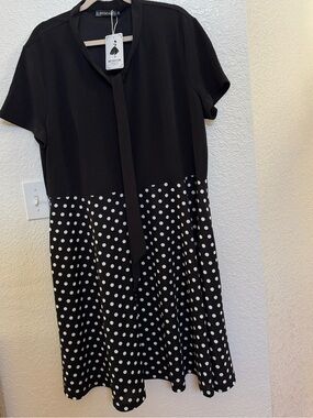Boden Black Polka Dot Midi Dress with Neck Tie